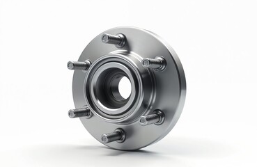 Silver car hub isolated on white background. Metal wheel bearing spare part, car automotive industry mechanical component for repair. New vehicle transportation. Shiny steel object.