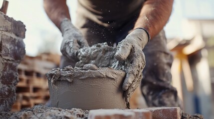 Obraz premium Mason mixing mortar for brick wall construction. Featuring skill and technique