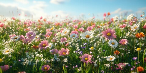 Fototapeta premium Vibrant wildflower field in springtime sunshine with a clear blue sky and blooming daisies and colorful flowers