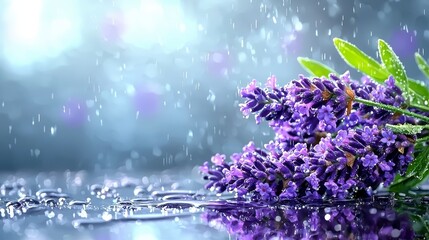 Fresh Lavender Blooms with Raindrops on a Soft Blue Background