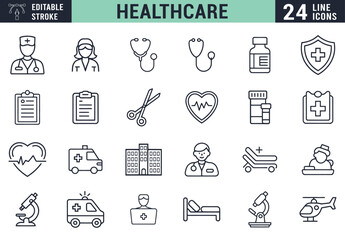 Healthcare And Medical Line Icons Set Vector Illustration For Websites And Mobile Applications Editable Stroke Stroke Weights