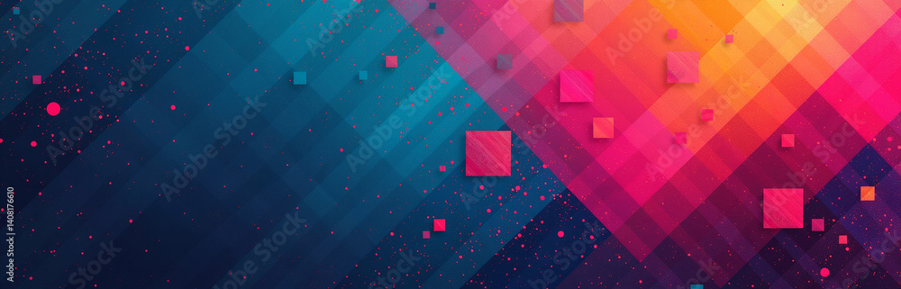 Poster Vibrant Geometric Patterns Blend With Bright Neon Shades On A Textured, Abstract Background Featuring Color Gradients And Noise.