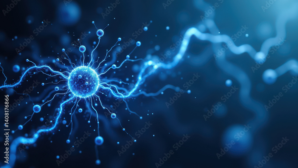 Poster scientific representation of a glp-1 molecule interacting with brain cells.