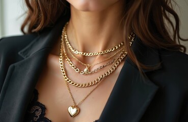 Attractive brunette model wearing layered gold metal necklace. Woman with long hair. Accessory for fashion shooting. Luxury jewelry, heart pendant, chic look. Close-up of elegant accessory for