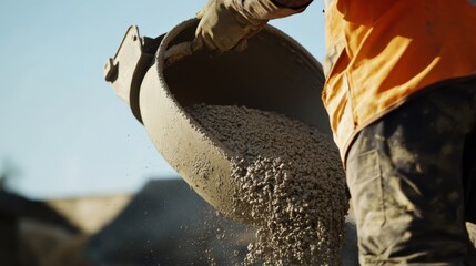 Obraz premium Construction worker operating a cement mixer. Featuring strength and focus