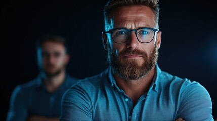 Obraz premium A confident man with glasses stands close to the camera, displaying determination in his expression as a soft blue light accentuates his features against a dark background.