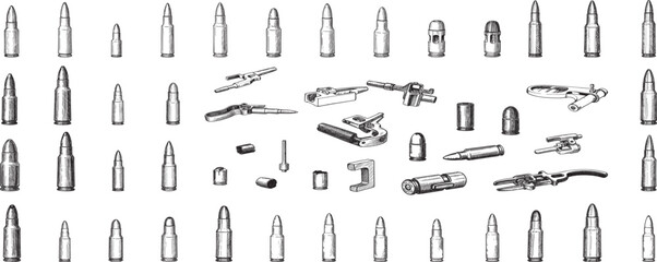 Obraz premium Set of Illustrations of bullets and cartridges in vintage monochrome style. Design element for logo, label, sign, emblem, poster.