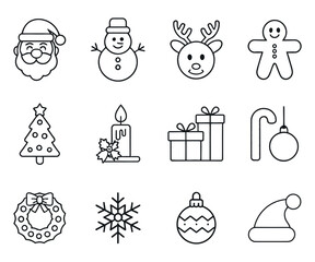 Fototapeta premium Outline Christmas Icon Set With Santa Snowman And Tree Holiday Season Vector Collection For Festive Design