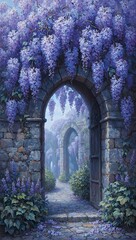 Fototapeta premium Discover the allure of a lavender wisteria in full bloom draping over an ancient stone archway in a captivating oil painting