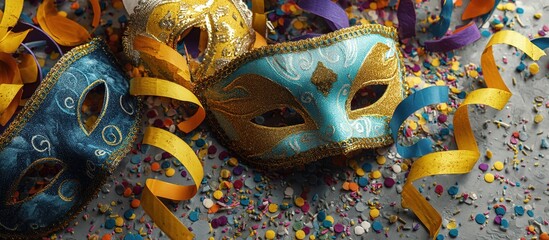 Two ornate Venetian masks—azure with gold filigree and crimson with floral motifs—displayed amid swirling rainbow confetti and ribbons on charcoal backdrop.