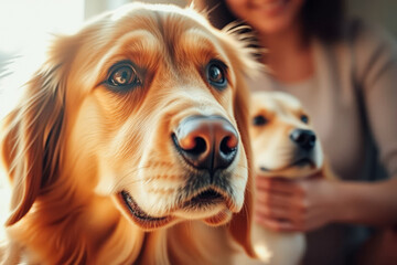 Close Up of Two Golden Retrievers with Woman