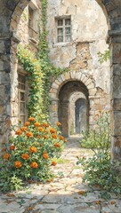 Fototapeta premium Vibrant orange marigolds bloom in a rustic courtyard their color popping against the aged stone and ivy all in a textured watercolor style