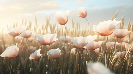Delicate pale poppies bloom in a golden wheat field.