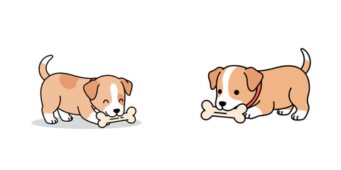 Puppy chewing on a bone, cheerful mood. Set of two vector images on a white background with copy space