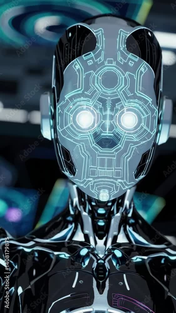Poster futuristic humanoid robot in neonlit lab with advanced cybernetic features