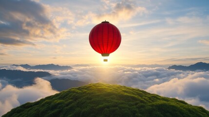 Naklejka premium Stunning Hot Air Balloon in Red Floating Above Lush Green Hill