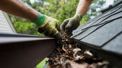 Obraz premium Hispanic roofer cleaning gutters on a house. Featuring roofing and home maintenance