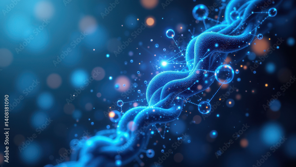 Poster 3d rendering of a molecule structure with glowing blue elements symbolizing glp1, glucagon-like pept