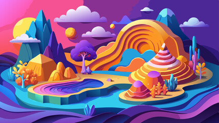Vector 3D abstract background with paper cut shapes. Colorful carving art. Paper craft landscape with gradient fade colors. Minimalistic design layout for business presentations, flyers, posters.