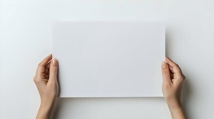 Woman's Hands Holding A Blank White Sheet Of Paper Against A White Background In A Studio Setting With Natural Lighting