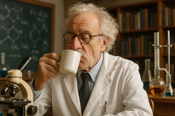A scientist reflects thoughtfully over coffee in a cozy lab filled with equipment