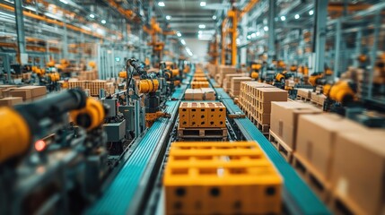 Automated assembly line in a modern warehouse, showcasing robotic arms and packaging process