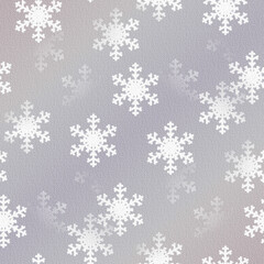 Soft winter background with large white snowflakes on textured grey gradient. Seamless frosty pattern for Christmas wrapping paper, fabric, greeting cards and holiday design.