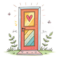 Illustrated door with heart symbol surrounded by flowers  