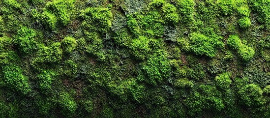 Close-up of dense green moss on rocky surface, organic textures, natural lighting highlighting depth and tranquility.