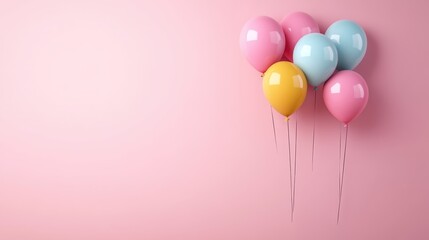 A vibrant arrangement of colorful balloons against a soft pink background, creating a cheerful and festive atmosphere suitable for celebrations and parties.