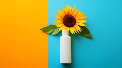 white cream bottle placed alongside a summer sunflower on a vibrant blue and yellow background, representing lifestyle and skincare product concept in a clean minimal design