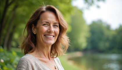 Portrait charming mature woman, smiling. Lady age 55-60 relaxing outdoors. Elderly female enjoys sunny day, green nature background. Confident, happy, healthy lifestyle. Middle aged senior woman,