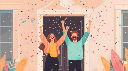 celebrating in front of their newly purchased home with confetti in the air 