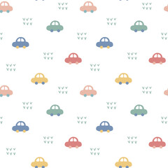 seamless minimal car toy repeat pattern in white background, flat vector illustration graphic design