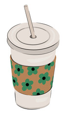 Illustration d'un gobelet avec un porte-gobelet en papier kraft marron écologique et durable, détouré et isolés sur fond transparent avec un motif floral avec des fleurs bleues