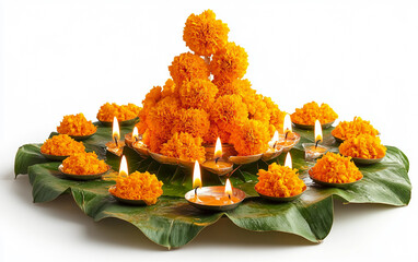 Decorated Loy Krathong with Floating Marigolds Isolated On White Background.