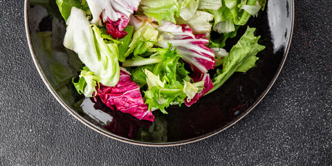 Salad leaves mixed iceberg, batavia, lettuce, radicchio, romano, frisee appetizer vegetables dish...