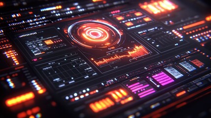 Obraz premium Futuristic digital interface with glowing elements. Complex display showing multiple data streams, controls, and indicators. Dynamic visuals showcasing technological advancements