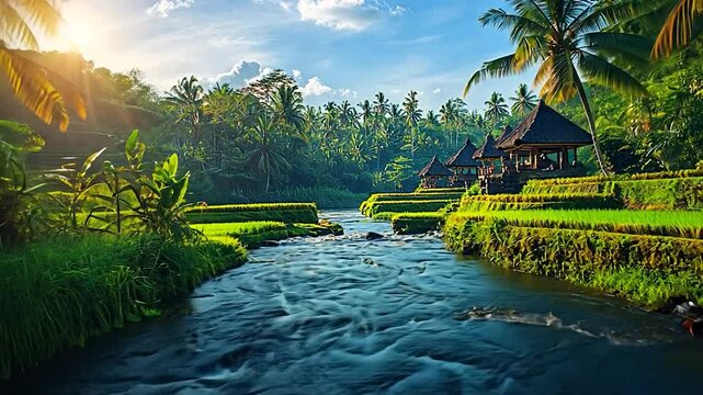 Tranquil river in lush green forest painterly nature landscape