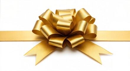 Golden Ribbon Bow on White Background for Gift Packaging  
