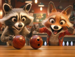 Obraz premium Animated raccoon and fox enjoy a fun bowling game, full of excitement and friendly competition in a playful setting.