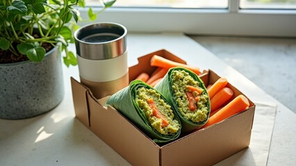 Healthy vegan lunch with avocado wraps and carrot sticks near potted plant