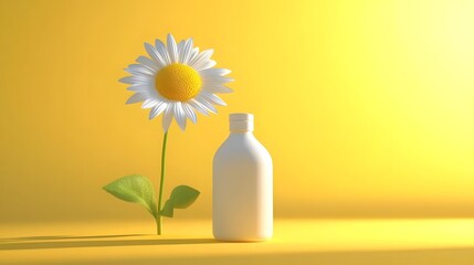 beautiful composition of white sunflower and cream bottle on vibrant yellow summer background representing freshness, skincare, and natural beauty products