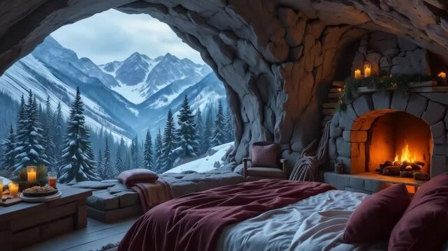 Cozy interior of a winter house with a fireplace, bed, mountain view