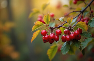 Fototapeta premium Close-up of red berries on tree branch with autumn leaves. Forest wild harvest, lingonberry, fresh berries. Concept of organic food, health, vitamins, natural medicine, antioxidant.