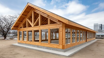 Obraz premium Construction framing of a new home with visible rafters and studs, symmetrical layout in daylight, modern building process in progress