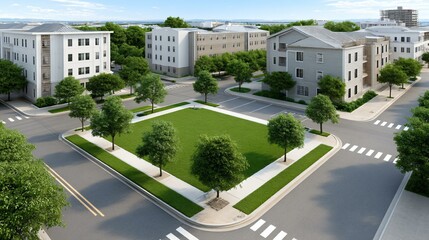 Realistic render of housing plot layout showing multiple lot divisions, with one highlighted as active build site, clean architectural theme