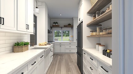 A well-organized kitchen with a large pantry and neatly arranged shelves for easy access.

