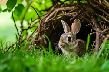 Obraz premium Little wild rabbit resting in natural hollow surrounded by greenery high resolution photo