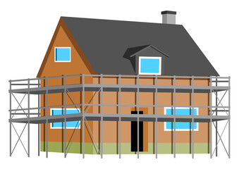 Digital illustration shows the construction of a new house. Scaffolding has been erected in front of the house.